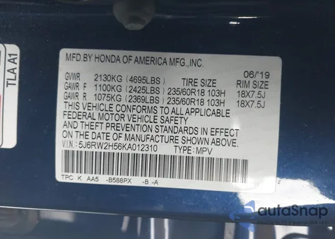 2019 Honda Cr-V Ex from USA, damaged, VIN 5J6RW2H56KA012310